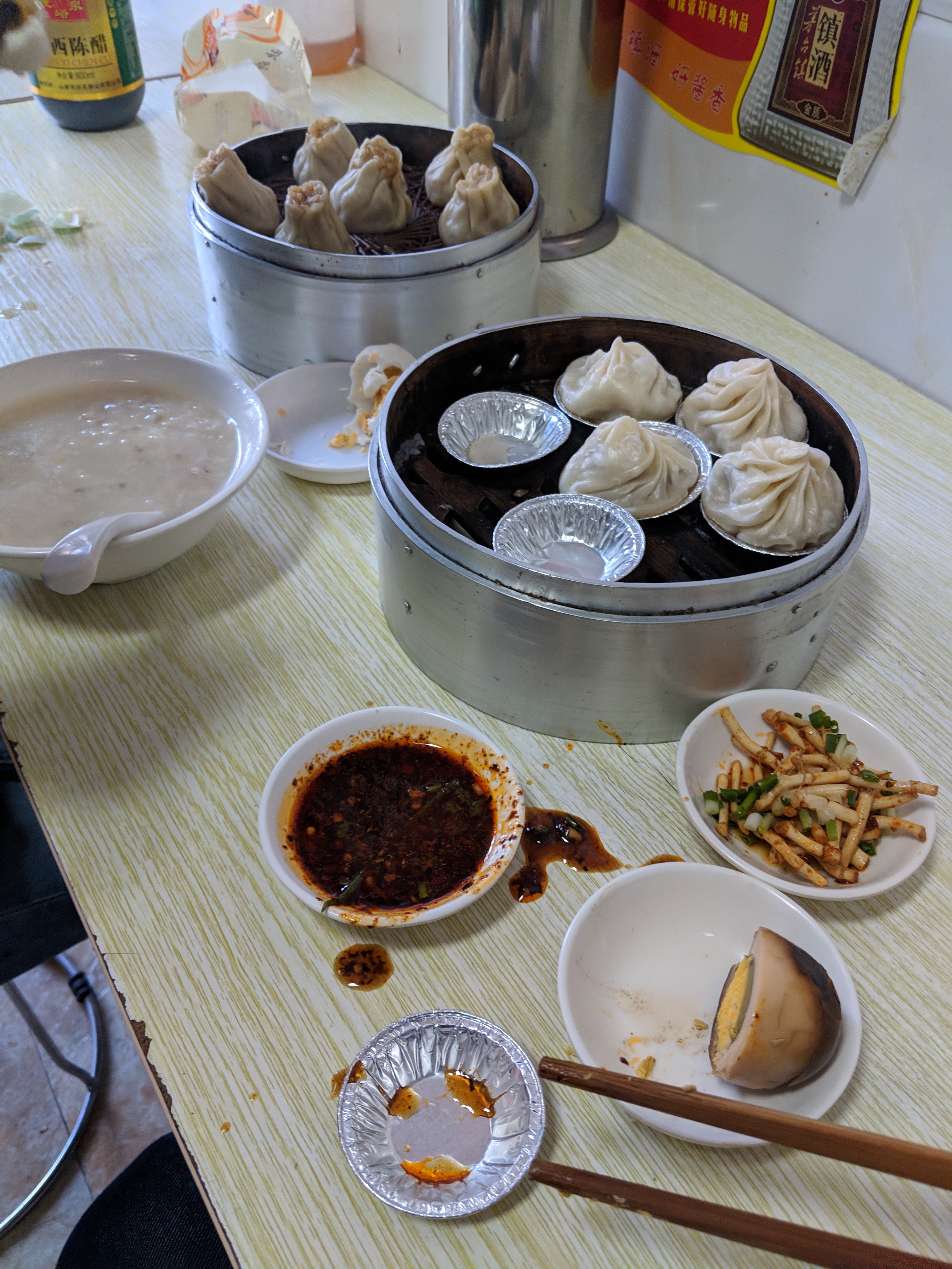 Congee, eggs, buns.